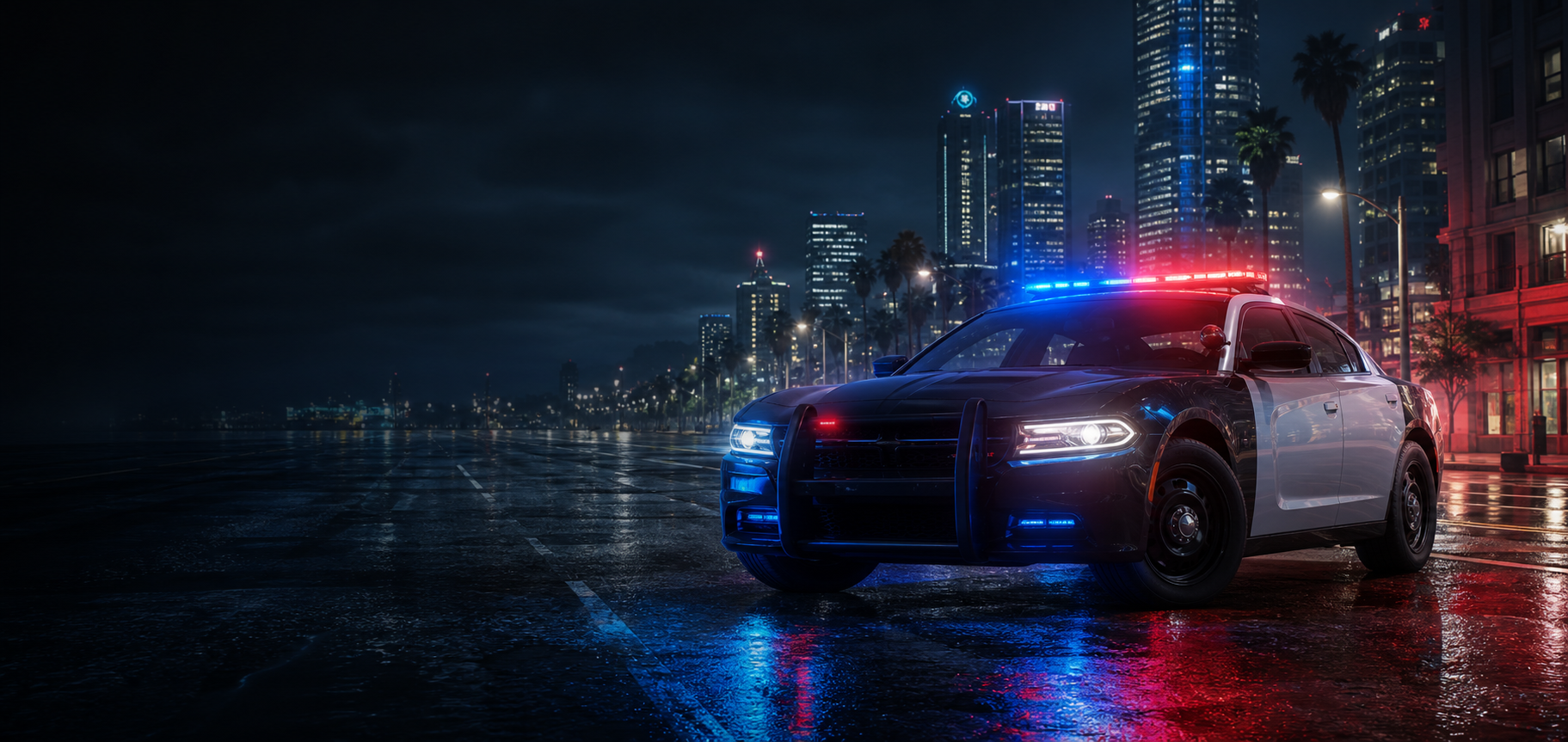 夜晚城市街道上一辆亮起警灯的警车